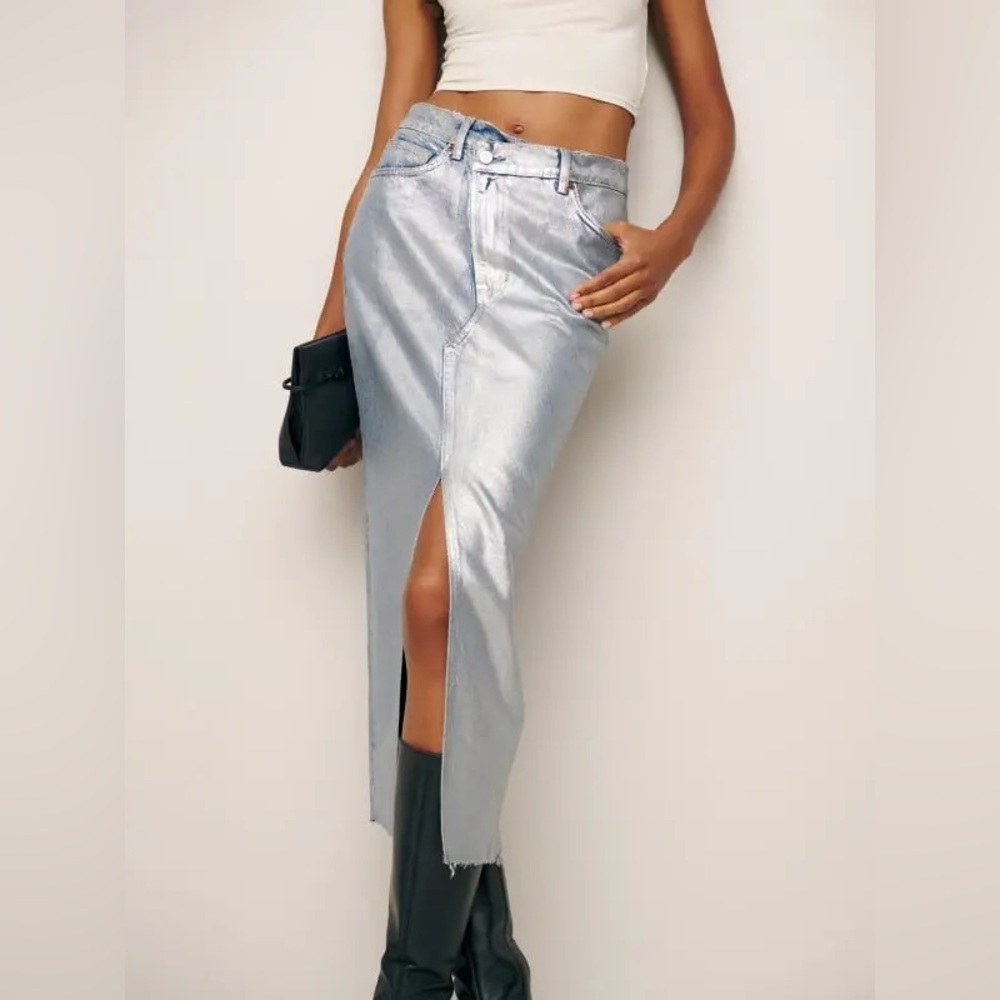 REFORMATION  Nila Coated Long Denim Skirt New Size 30